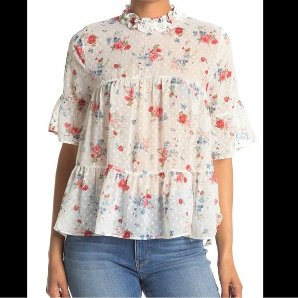 Everleigh Swiss Dot Tiered Baby Doll Blouse Floral On Swiss Dot - Picture 1 of 12